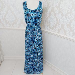 Calvin Klein Long Maxi Dress Drawstring Waist Blue Black Geometric Print Size 4